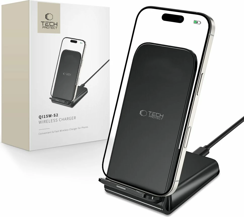 Karikues pa tela me stand, Tech-Protect QI15W-S2, 15W, USB-C, me kabllo USB-A/USB-C 50cm, zi