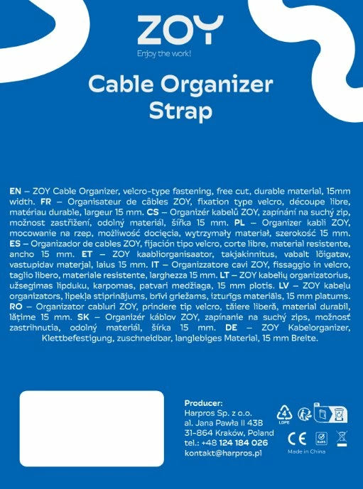 Organizer kabllosh ZOY Rzep 3 m, Velcro, zi, 1 copë