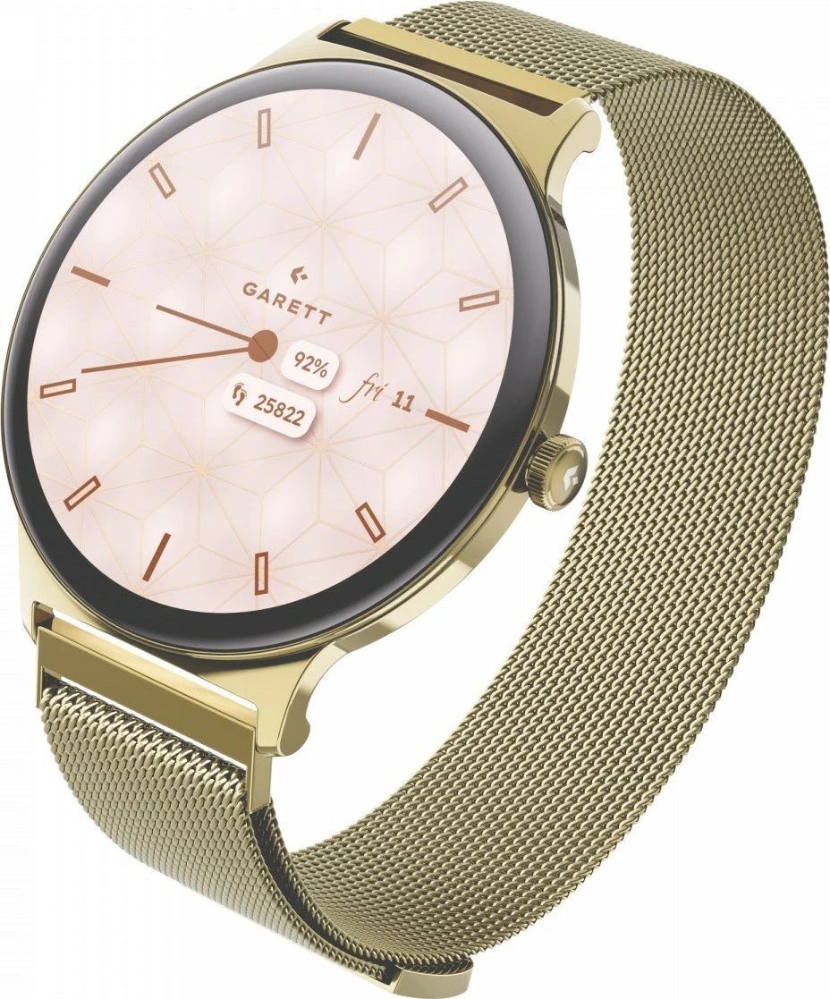 Smartwatch Garett Verona 2, 1.43\" AMOLED 466x466, IP68, Bluetooth thirrje, 200 mAh, Gold, set me rrip mesh + rrip lëkure eko i bardhë