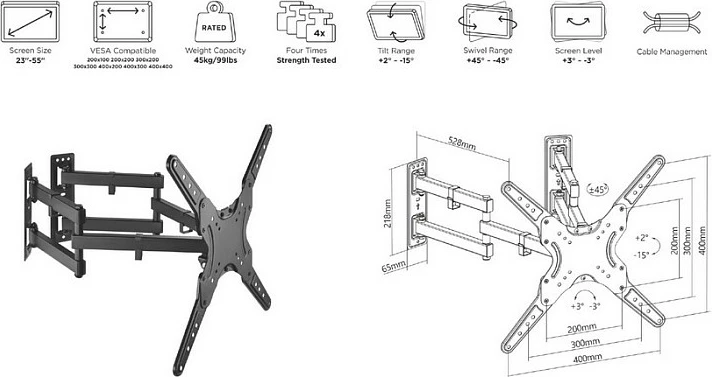 Mbajtëse muri për TV/monitor EQUIP, 23-55", 6 nyje, VESA 200x100-400x400, deri 45kg, e zezë