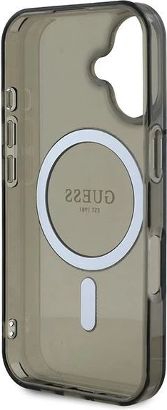 Mbështjellës Guess IML Glitter Circle MagSafe për iPhone 16, i zi
