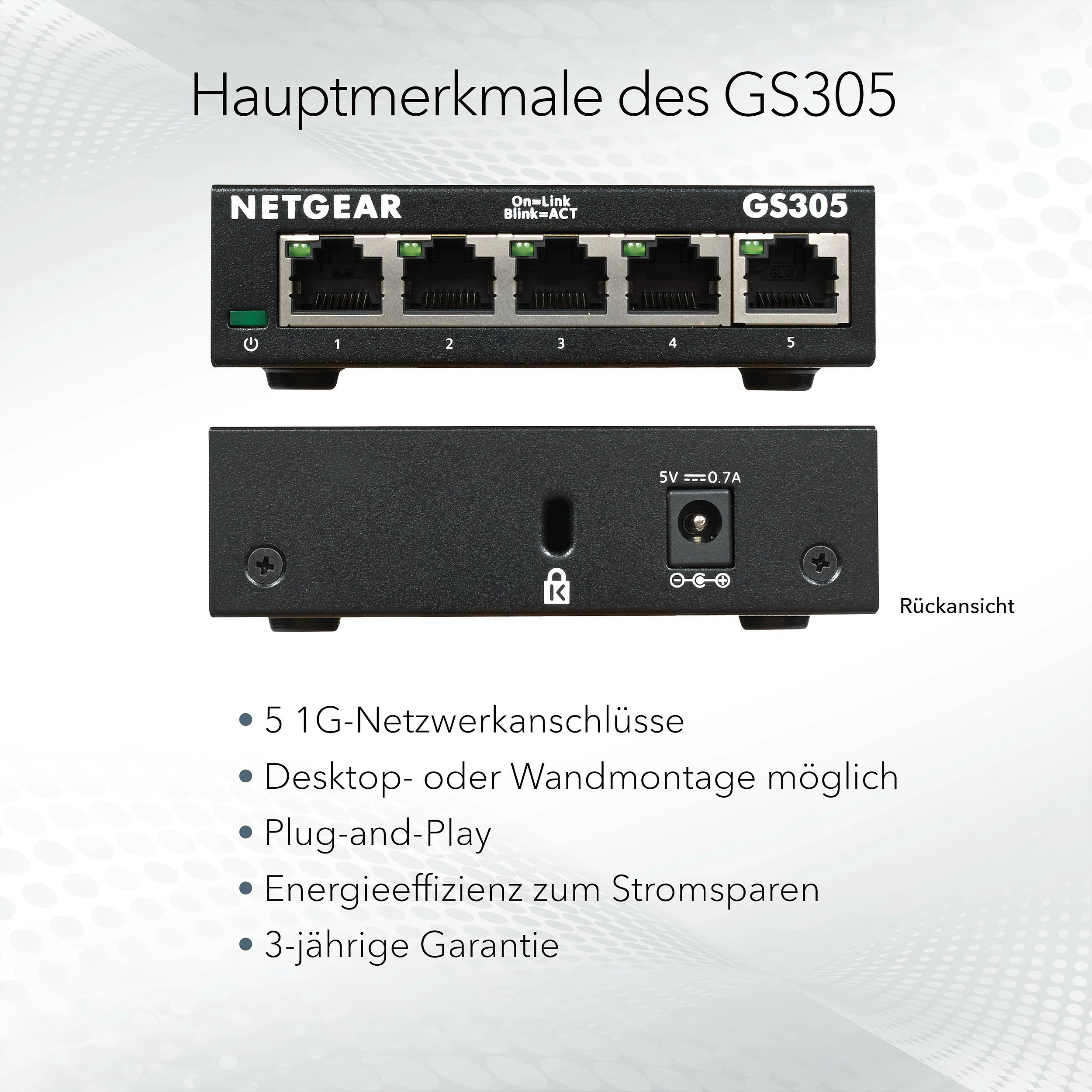 Switch NETGEAR GS305, Gigabit Ethernet, i pamontueshëm