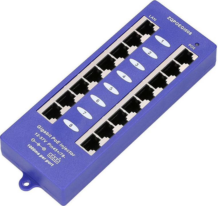 Injektor PoE Extralink ZQPOEGI08, 8 porta Gigabit, Mode B, 48V, i kaltër
