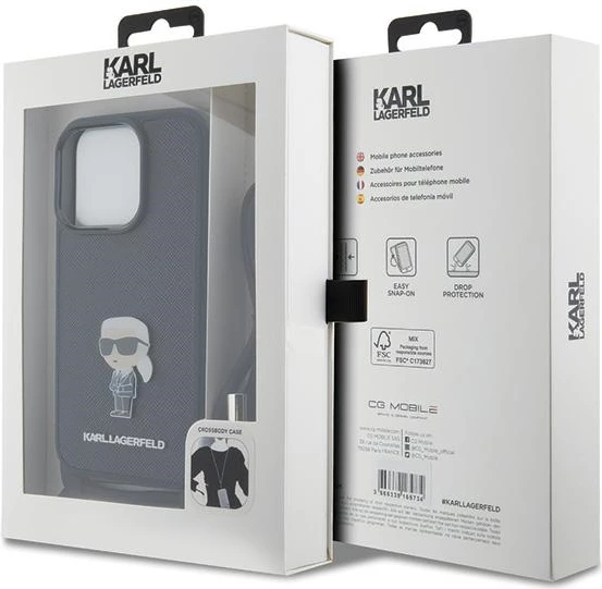 Mbështjellës Karl Lagerfeld Crossbody Saffiano Monogram Metal Pin Karl & Choupette për iPhone 15 Pro, e zezë