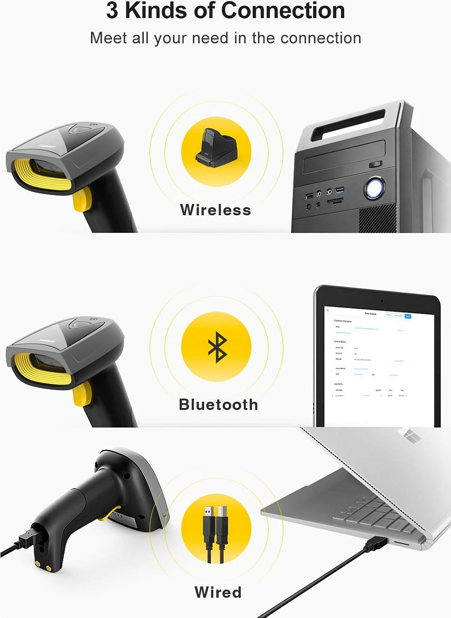 Skaner barkodi Inateck BCST-52, 1D/2D, Bluetooth/USB, me bazë karikimi, zi/hiri/verdhë