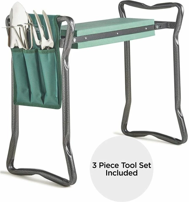 Stol/kneeler për kopsht VONHAUS 2-në-1 2515210, i palosshëm, me set veglash, jeshile/gri, set 5 copë