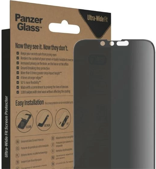 Mbrojtës ekrani PanzerGlass Ultra-Wide Fit Privacy për iPhone 14/13 Pro/13, xham i temperuar, Antibakterial