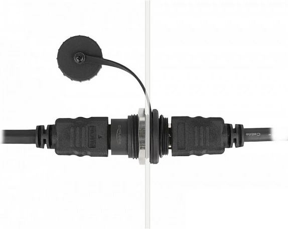 Konektor HDMI-A panel-mount DeLOCK, femër-femër, me kapak pluhuri, i zi