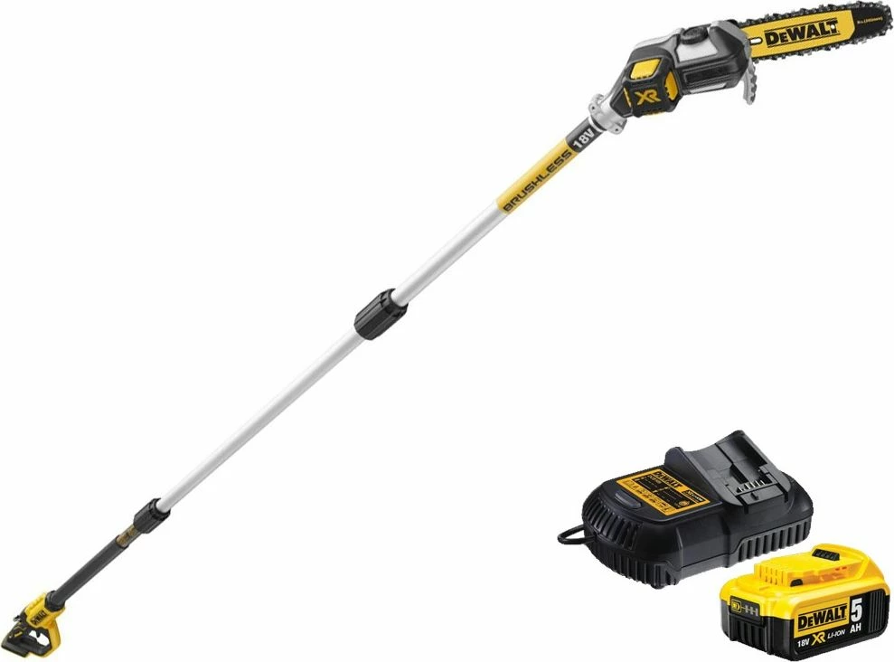 Sharrë zinxhiri me shtyllë DeWalt DCMPS567P1 18V, shinë 20 cm, bateri 5Ah + karikues (1 bateri)