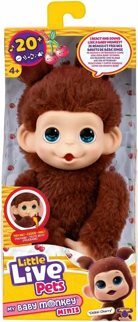 Lodër interaktive majmuni Cobi Little Live Pets Mini Monkey Chikki Cherry 19 cm, me mbi 20 tinguj, kafe e errët, set 1 copë