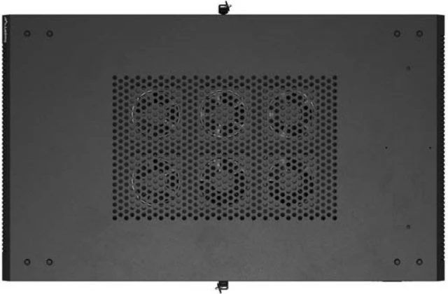 Kabinet rack qëndrimor 19" Lanberg FF01-6022-23B 22U, ngarkesë 800 kg, derë e perforuar, panel me 6 ventilatorë, Flat Pack, e zezë