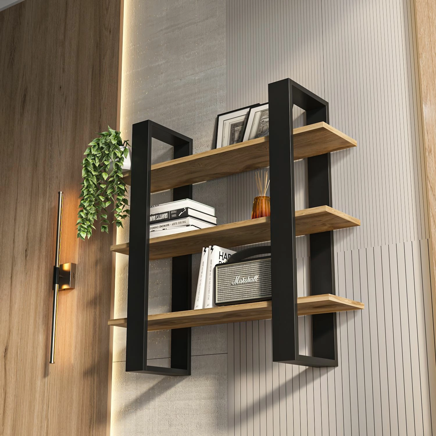 Raft muri Skye Decor, ngjyrë e zezë, lisi oud