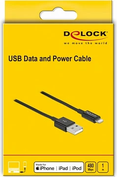 Kabllo USB DeLOCK Lightning në USB-A, 1 m, 3A, e zezë