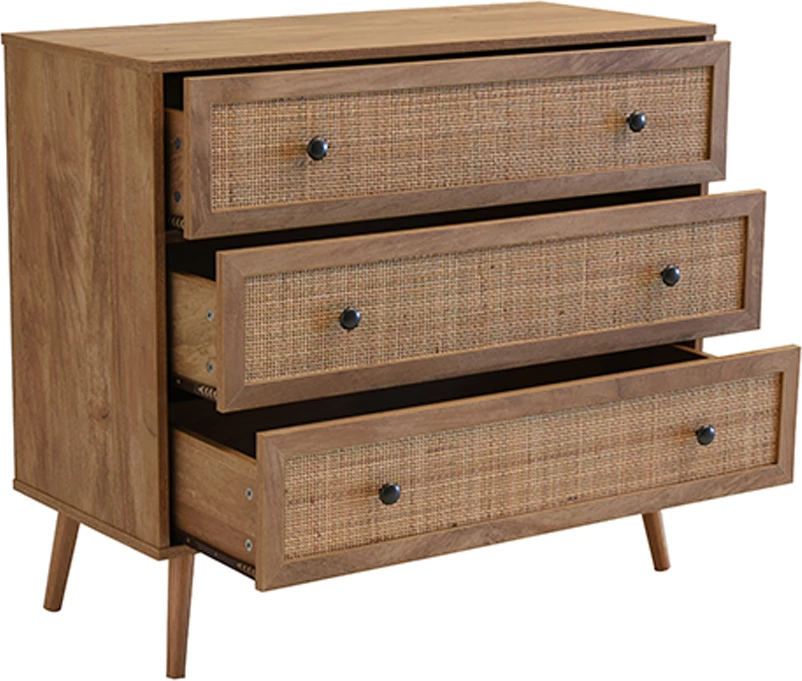 Komodë Ammos me 3 sirtarë, natyrale me ratan, 90x39x79cm