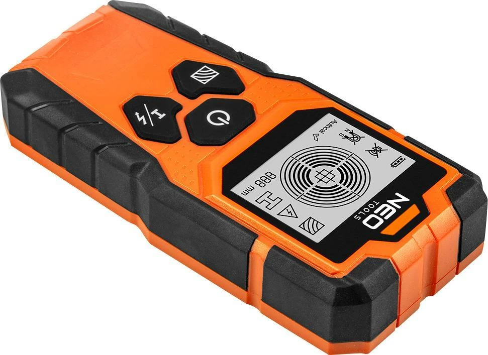 Detektor 3-në-1 Neo 75-250, ekran LCD, ±10 mm, 9V, me çantë dhe bateri, portokalli/zi