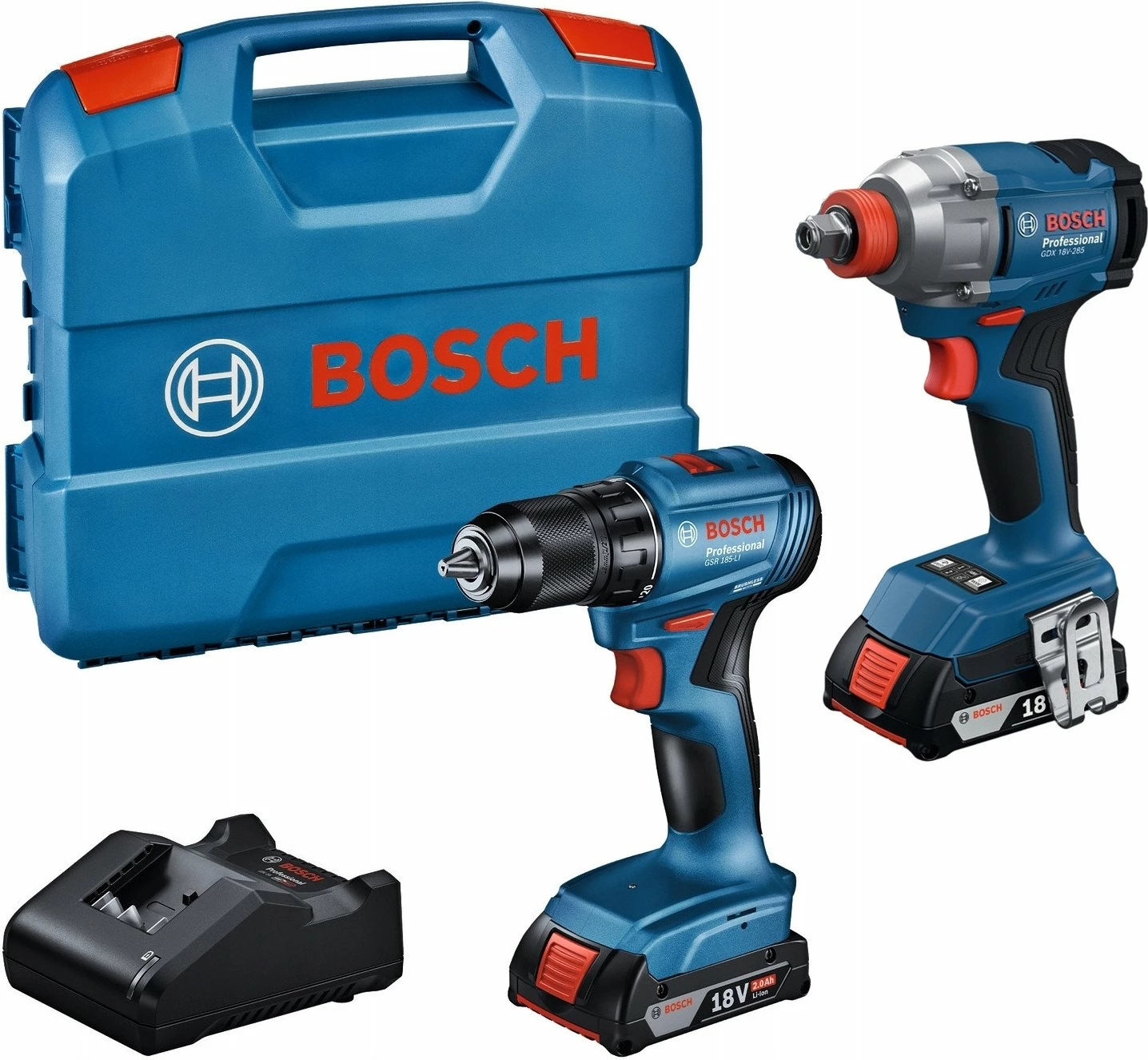 Set veglash me bateri Bosch GDX 18V-285 + GSR 185-LI 18V, 2x2Ah (06019N2123), 6 copë, me valixhe, blu