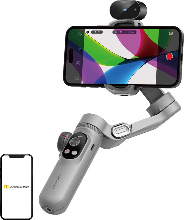 Gimbal stabilizues 3-aksësh AOCHUAN Smart X Pro 3200mAh me sensor AI, OLED, karikim pa kabllo, 55-90mm, 250g, Gri, set me tripod