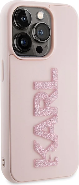 Mbështjellës Karl Lagerfeld 3D Rubber Glitter Logo për iPhone 15 Pro, rozë