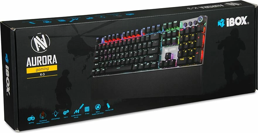 Tastierë mekanike iBOX Aurora K-3, RGB LED, KRGD Brown Switch, USB me kabllo, full-size 100%, me mbështetëse dore magnetike, argjend