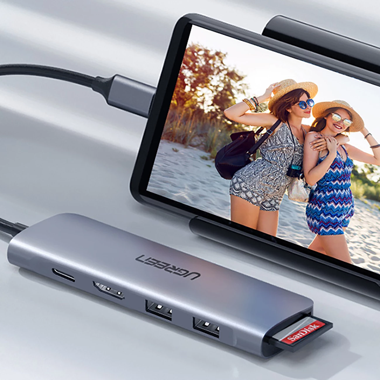 Adapter Ugreen CM195 6in1 USB-C, HDMI, 2x USB-A 3.0, USB-C PD, SD/TF reader, Gri