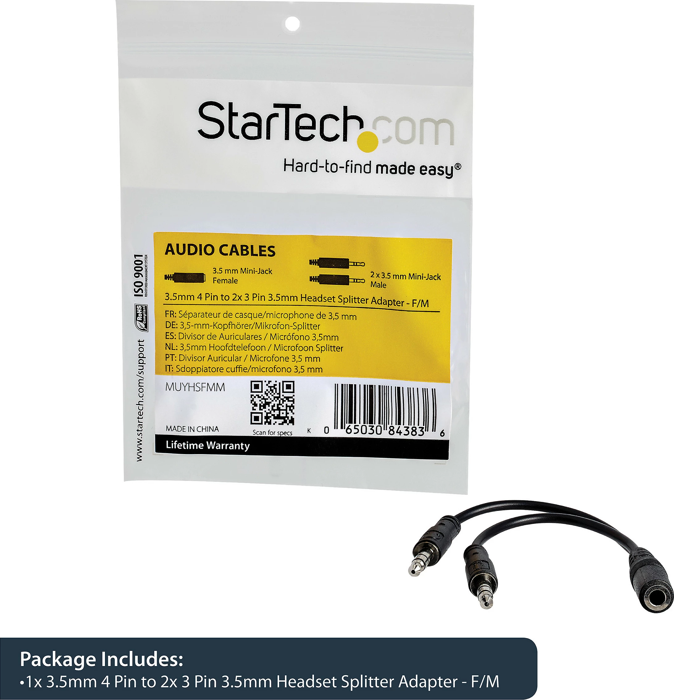 Adapter splitter Kufje StarTech MUYHSFMM, 3.5mm 4-pin në 2x 3.5mm (audio+mikrofon), 0.13m, i zi