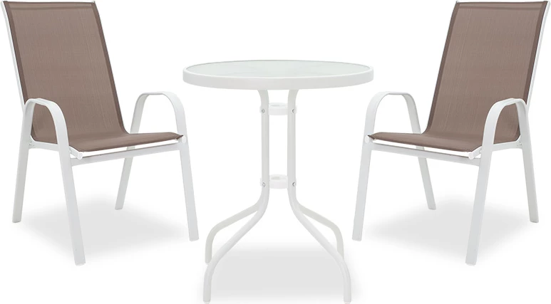 Tavolinë me karrige për terasë 3 copë Calan-Watson metalike e bardhë-tekstilen kafe