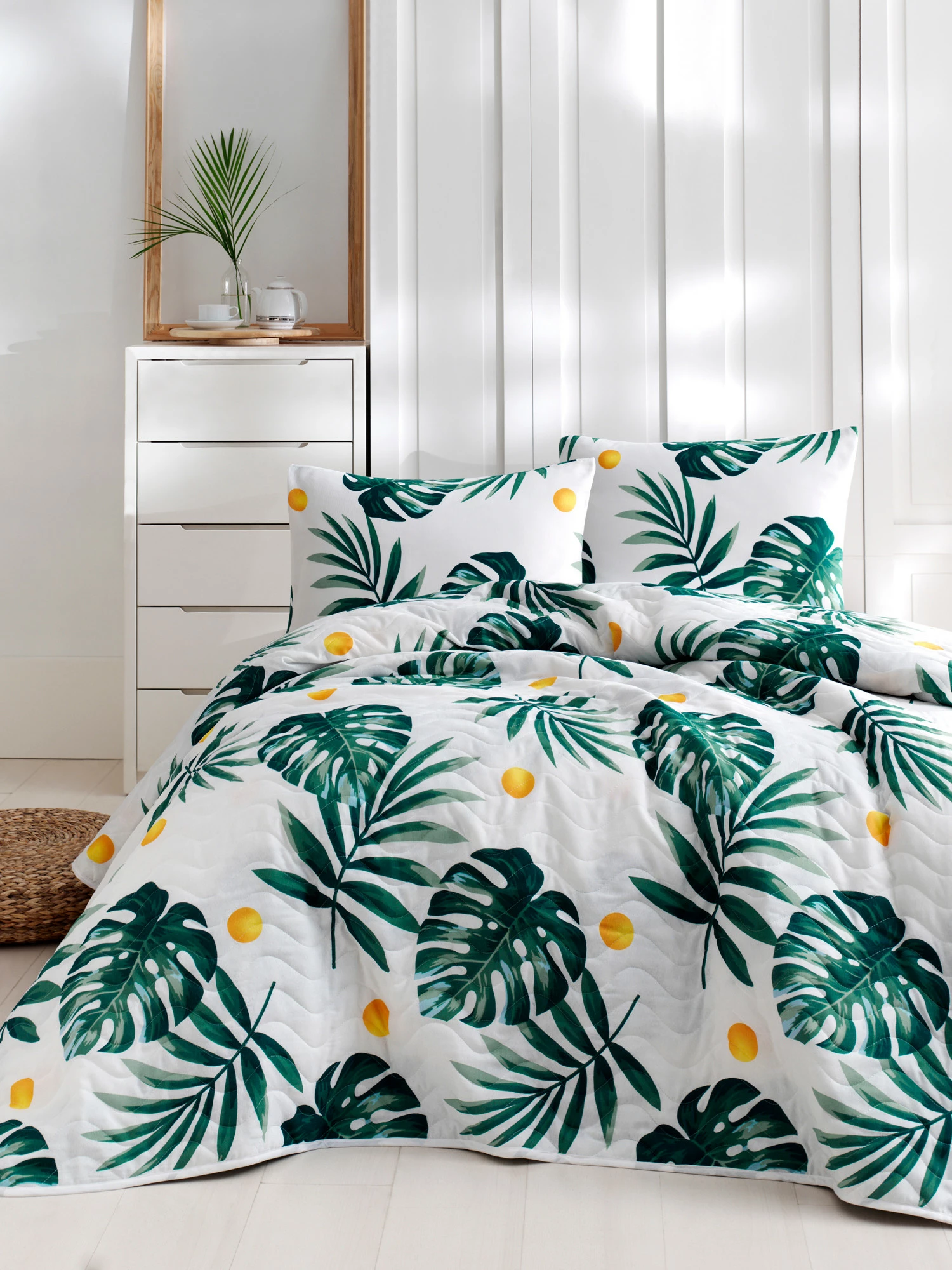 Set mbulesë dysheku dopio, Kapitone Monstera, ngjyrë e bardhë, e gjelbër, e verdhë
