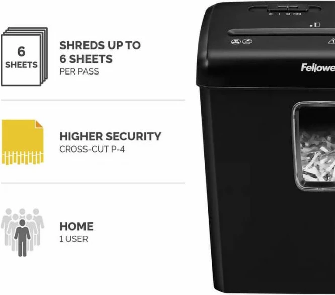 Shredder dokumentesh Fellowes Powershred P-30C, prerje kryq 4x34 mm (DIN P-4), 6 fletë, kosh 15 L, i zi