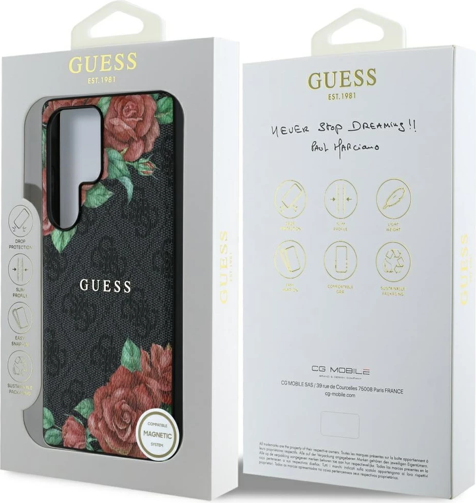 Mbështjellës Guess Leather 4G Flowers Print Metal Classic Logo MagSafe për Samsung Galaxy S25 Ultra, Zi