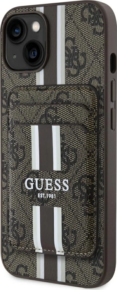 Mbështjellës Guess 4G Stripes me portofol MagSafe për iPhone 15, Kafe