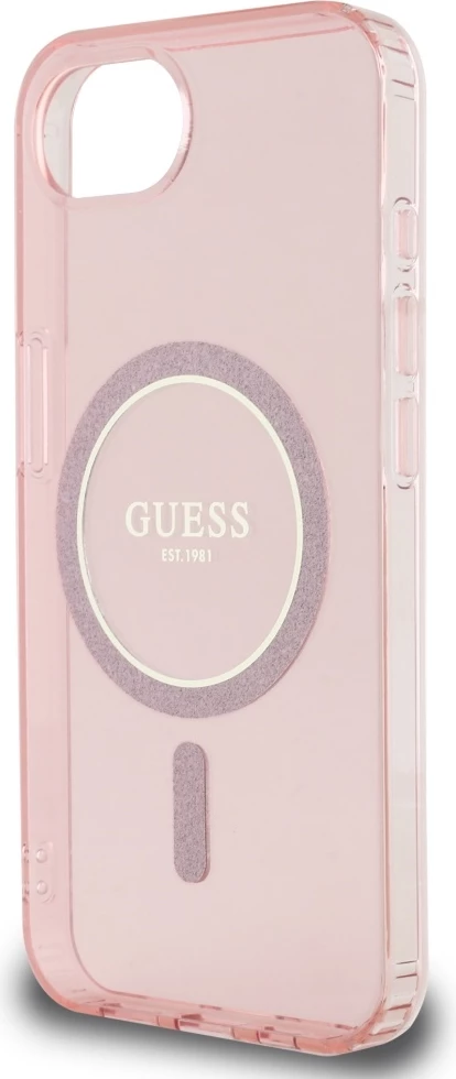 Mbështjellës Guess IML Glitter Circle MagSafe për iPhone 16e, rozë