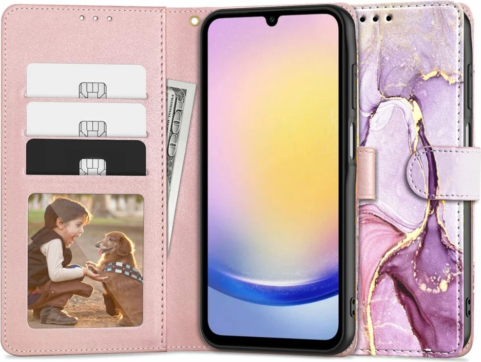 Mbështjellës Tech-Protect Wallet për Samsung Galaxy A25 5G, mermer rozë-vjollcë