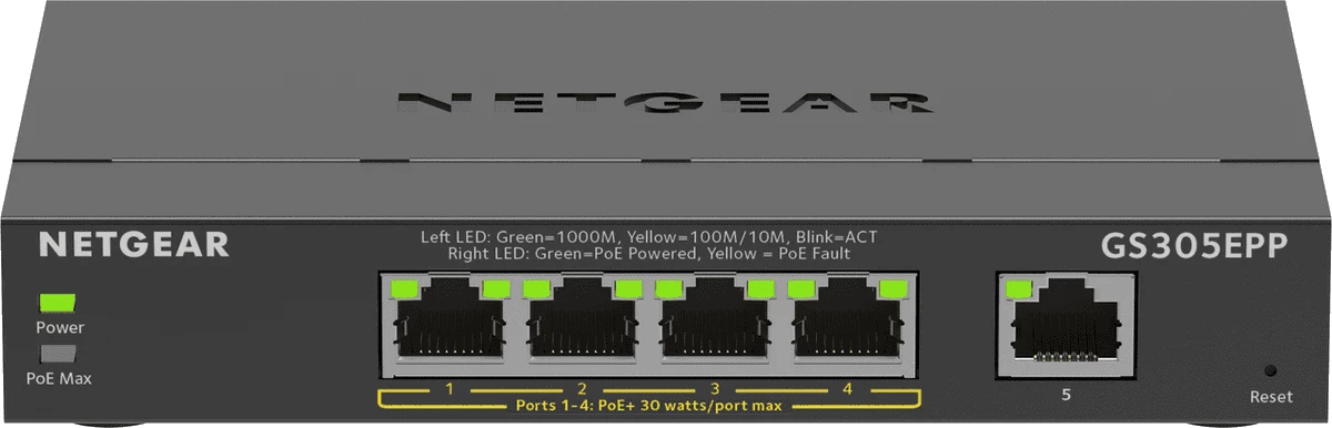 Switch Netgear GS305EPP-100PES 5 porta Gigabit, PoE+ 120W, e zezë