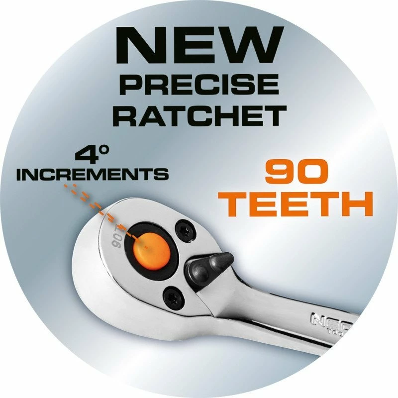 Set veglash NEO 10-060, 86 copë, 1/2" & 1/4" ratchet, kasetë plastike, zi/portokalli