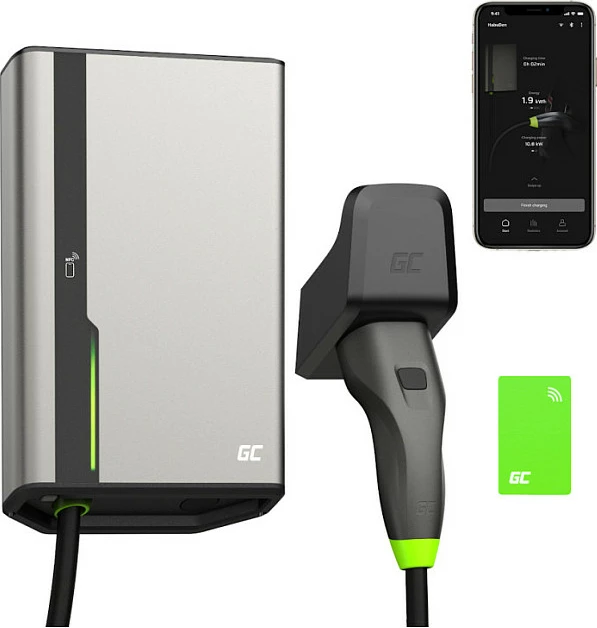 Wallbox karikues Green Cell HabuDen, 22kW 32A, Type 2, kabllo 5m, NFC/Wi‑Fi, gri/zezë