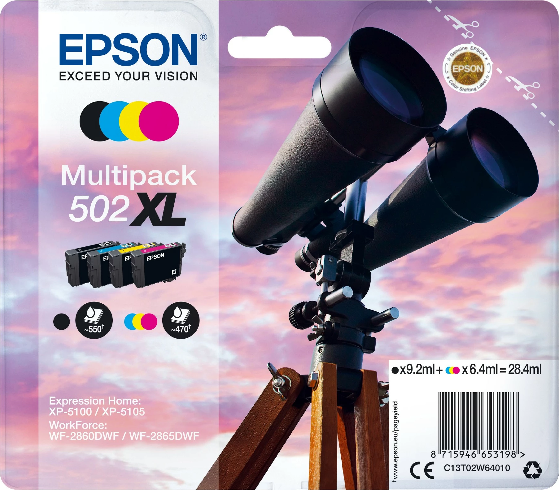 Multipack bojë Epson 4-ngjyra 502XL, High (XL) Yield, Black, Cyan, Magenta, Yellow
