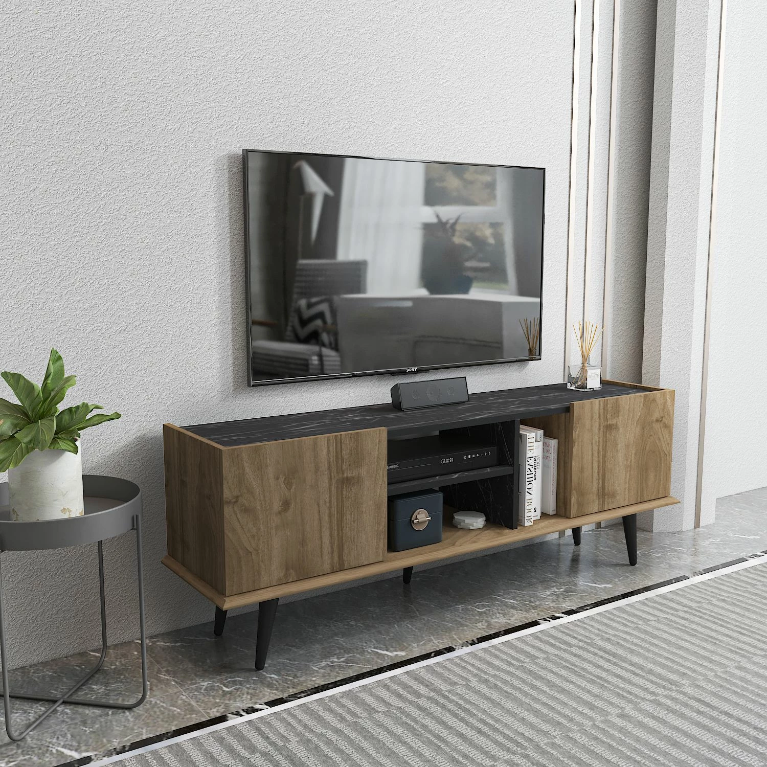 Komodë TV Skye Decor, Ekvador, ngjyrë arre dhe e zezë