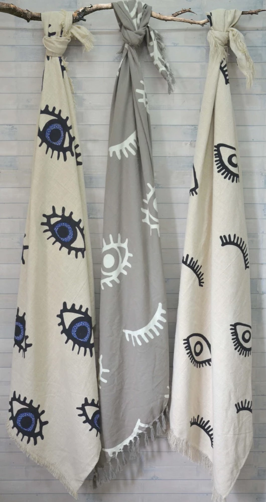 Mbulesë dekorative Eyes, pambuk, e bardhë-blu, 130x170cm