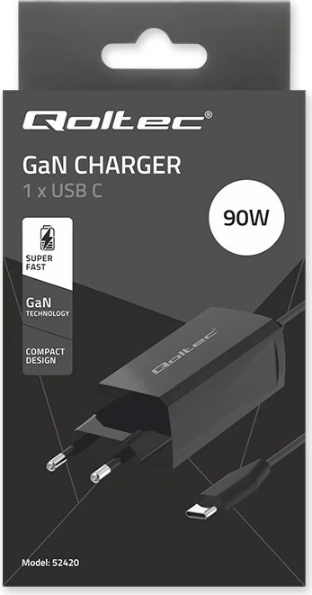 Karikues Qoltec 52420, 90W, GaN, USB-C 3.1, i zi