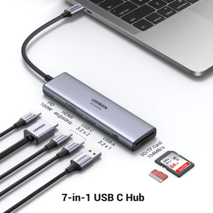 Hub USB-C UGREEN 45521 7-në-1 10Gbps 4K@60Hz PD 100W gri