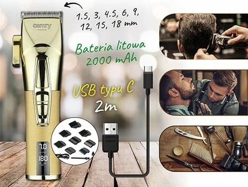 Makinë qethje Camry CR 2835G, 8 nivele 1.5-18 mm, teh qeramik & kokë titaniumi, bateri, USB-C, gold