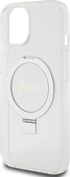 Mbështjellës Guess Ring Stand Script Glitter MagSafe për iPhone 15/14/13, transparent