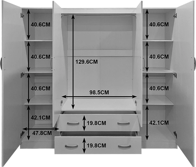 Dollap katërkanatësh me 2 sirtarë, Alvia, i bardhë, 200x51x180cm