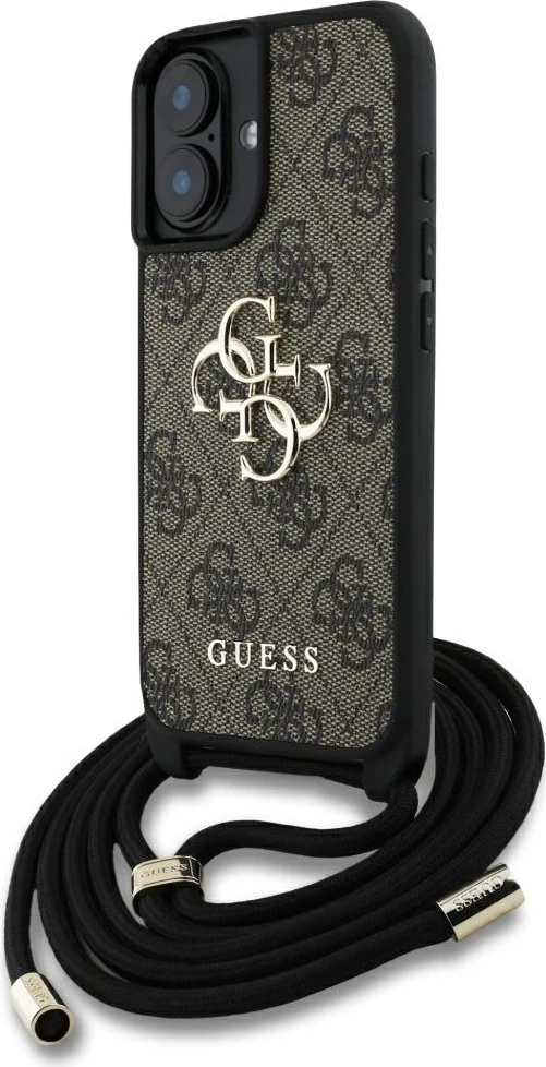 Mbështjellës Guess 4G Big Logo Cord Stap Crossbody për iPhone 16, Kafe