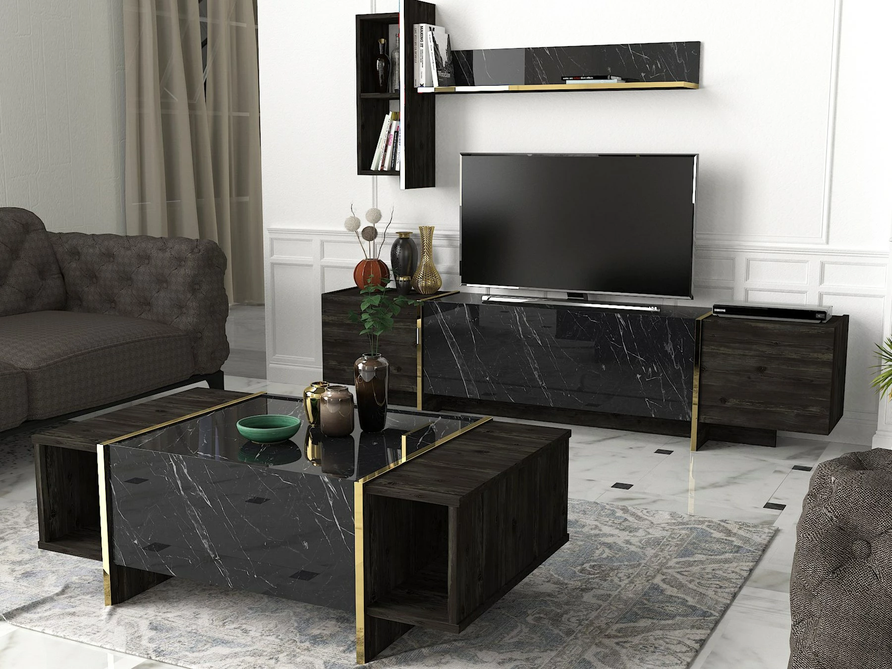 Set mobiljesh për dhomë dite, Skye Decor, Veyron Set 1, ngjyrë e zezë dhe ari