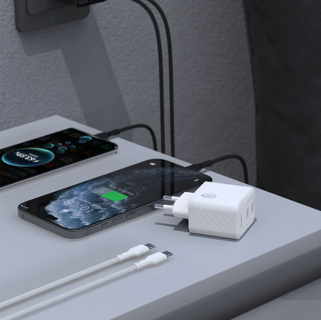 karikues muri GaN, Dudao, A28PCEU, 45W PD, 2x USB-C, me kabllo USB-C 1 m, i bardhë