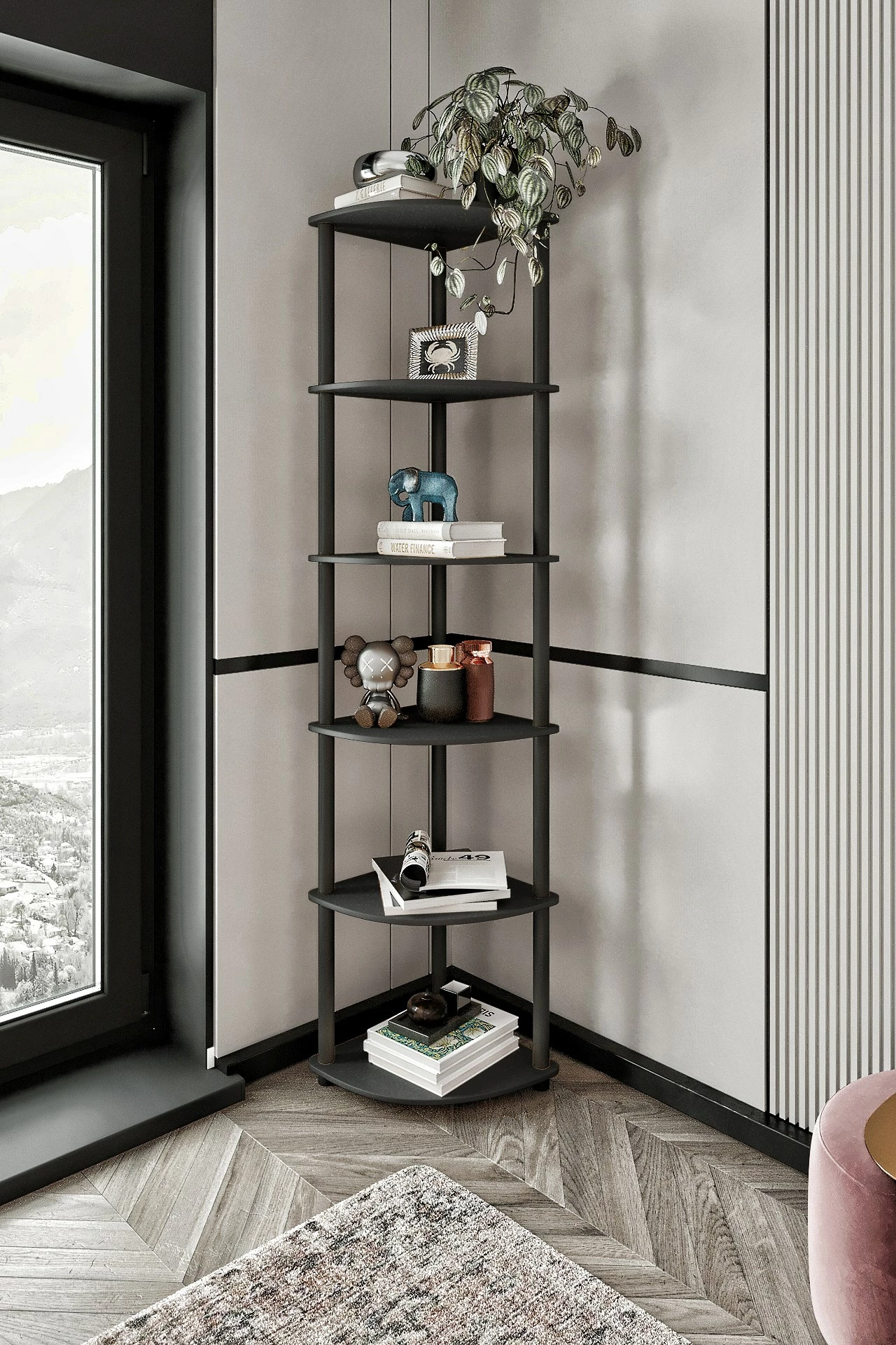 Raft këndi për libra, ngjyrë e zezë, Skye Decor, 6 ndarje
