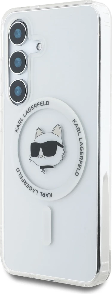 Mbështjellës Karl Lagerfeld Button Choupette Head Printed Logo MagSafe për Samsung Galaxy S25, Bardhë