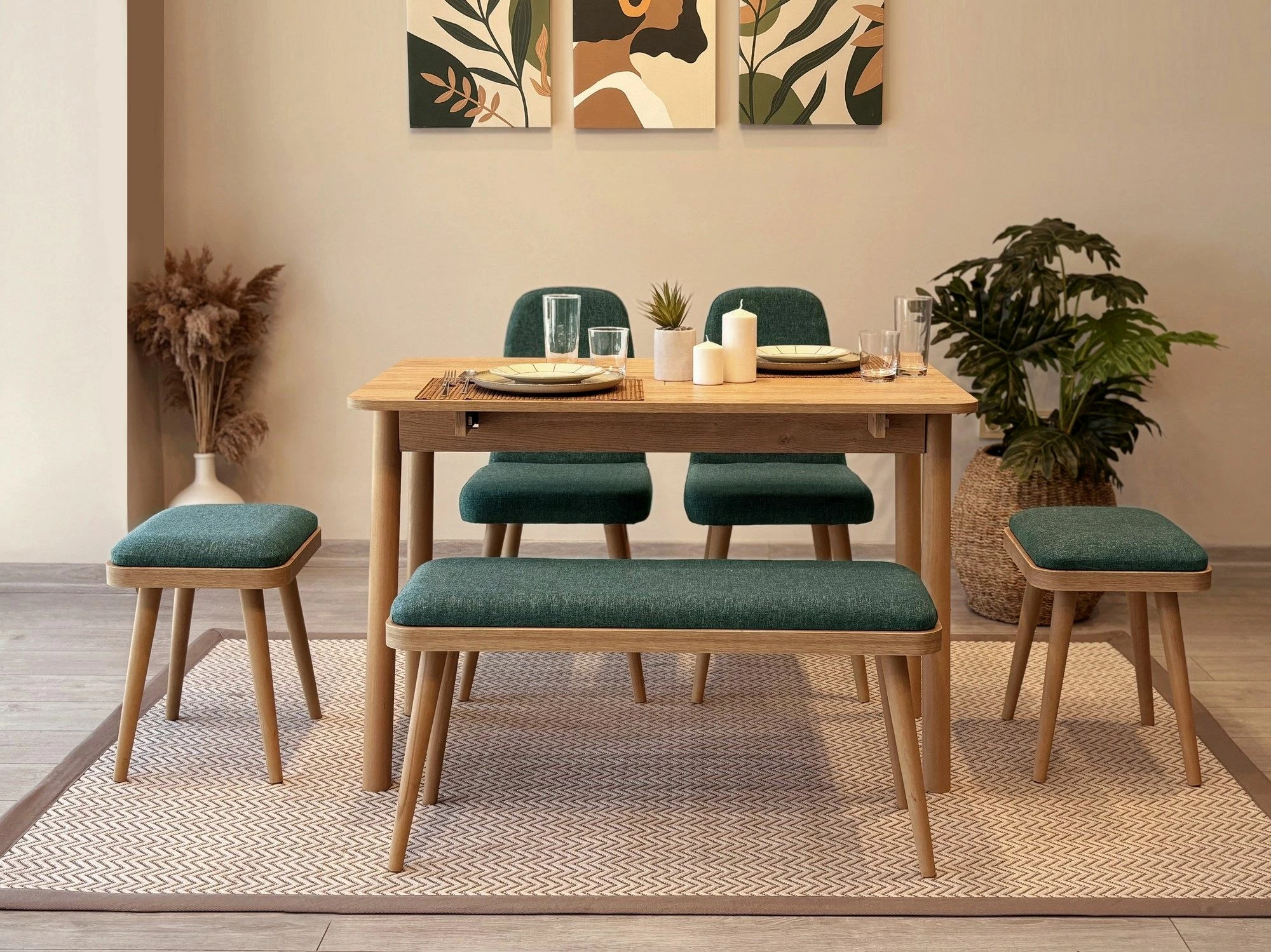 Set tavoline me karrige, zgjatshme, 6 pjesë, ngjyrë lis dhe e gjelbër, Skye Decor, Vina Mini 03 1070