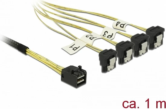 Kabllo DeLOCK 85685 Mini SAS HD SFF-8643 në 4x SATA, 1 m, e zezë/verdhë